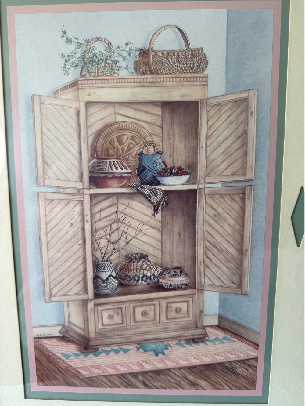 Vintage Southwestern Pottery and Basket Cabinet art print with frame - Picture 2 of 5
